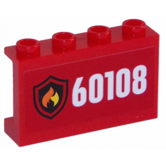 Panel 1 x 4 x 2 with Side Supports - Hollow Studs with Fire Logo and White '60108' on Red Background Pattern (Sticker) - Set 60108