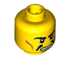 Minifigure, Head Moustache Black Split, Goatee, Bushy Eyebrows, Cheek Lines, Angry Pattern - Hollow Stud