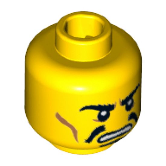 Minifigure, Head Moustache Black Split, Goatee, Bushy Eyebrows, Cheek Lines, Angry Pattern - Hollow Stud