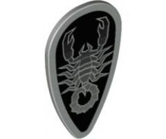 Minifigure, Shield Ovoid with Black and Silver Vladek Scorpion with Silver Border Pattern