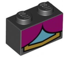 Brick 1 x 2 with 2 Magenta Quarter Ovals, Medium Azure Center and Gold Line Pattern (BrickHeadz Anna Chest)