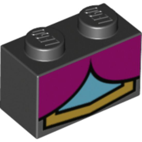 Brick 1 x 2 with 2 Magenta Quarter Ovals, Medium Azure Center and Gold Line Pattern (BrickHeadz Anna Chest)