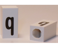 Tile, Modified 1 x 2 x 5/6 with Stud Hole in End and Black 'q' Lower Case Pattern