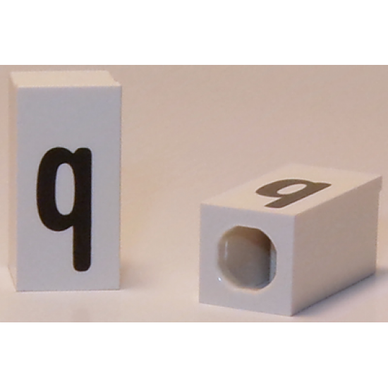 Tile, Modified 1 x 2 x 5/6 with Stud Hole in End and Black 'q' Lower Case Pattern