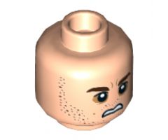 Minifigure, Head Dual Sided Dark Brown Eyebrows and Stubble, Dark Orange around Eyes, Scared / Sneer Pattern - Hollow Stud