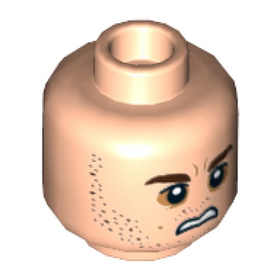 Minifigure, Head Dual Sided Dark Brown Eyebrows and Stubble, Dark Orange around Eyes, Scared / Sneer Pattern - Hollow Stud