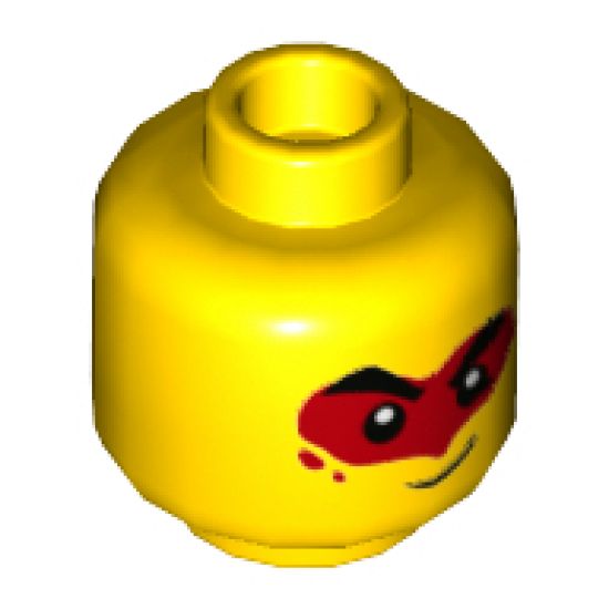 Minifigure, Head Dual Sided Thick Black Eyebrows, Angry / Smile with Red Eye Mask Pattern - Hollow Stud