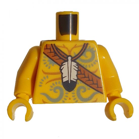 Torso Bare Chest Muscles Outline, Feather Necklace, Dark Orange Crossbelt and Light Bluish Gray Filigree Tattoos Pattern / Yellow Arms / Yellow Hands