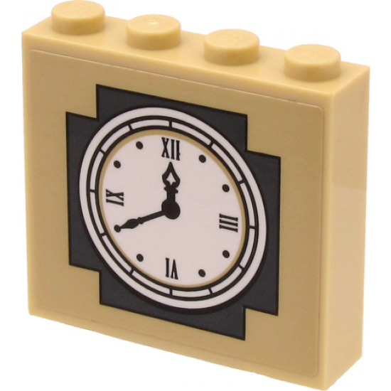 Brick 1 x 4 x 3 with White Town Hall Clock Face and Roman Numerals on Dark Bluish Gray and Tan Background Pattern (Sticker) - Set 60271