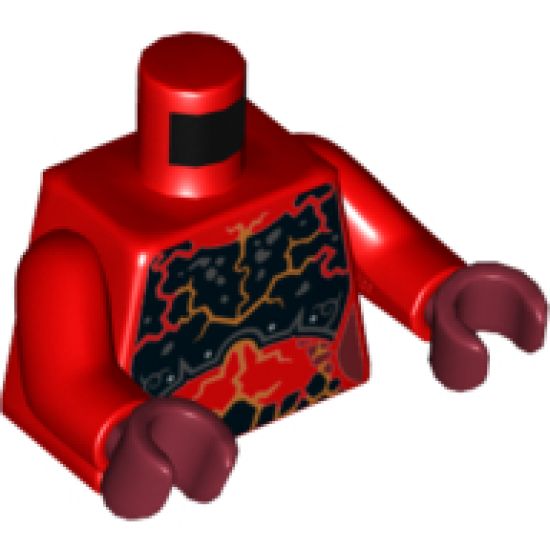 Torso Nexo Knights Female Armor Chest Plate, Orange and Dark Red Cracks and Orange, Black and Dark Red Spots Pattern / Red Arms / Dark Red Hands
