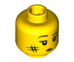 Minifigure, Head Female with Black Eyebrows, Eyelashes, White Pupils, Red Lips and Smudge on Cheek Pattern - Blocked Open Stud