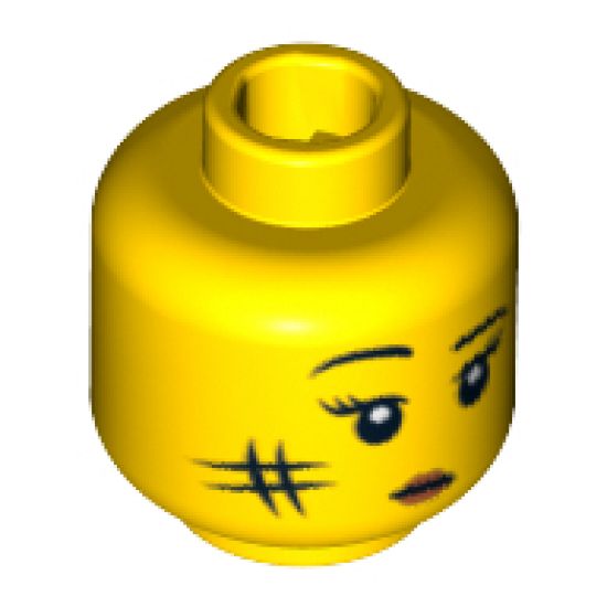 Minifigure, Head Female with Black Eyebrows, Eyelashes, White Pupils, Red Lips and Smudge on Cheek Pattern - Blocked Open Stud