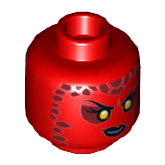 Minifigure, Head Dual Sided Alien Female Black Eyebrows, Yellow Sunken Eyes, Black Lips, Dark Red Spots, Smirk / Bared Teeth Pattern - Hollow Stud