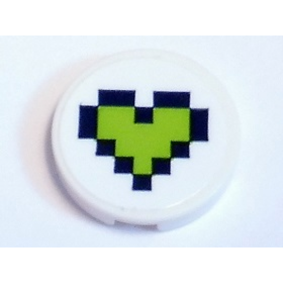 Tile, Round 2 x 2 with Bottom Stud Holder with Lime Pixelated Heart with Dark Blue Border Pattern (Sticker) - Set 41346