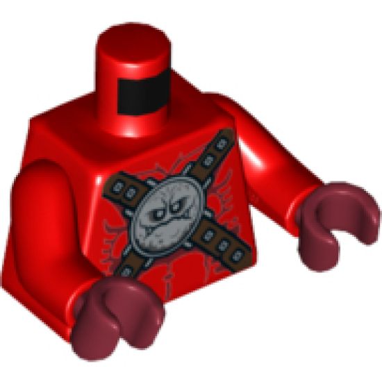 Torso Nexo Knights Bare Chest with Silver Circular Chest Armor with Straps Pattern / Red Arms / Dark Red Hands