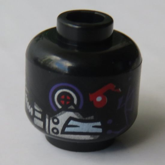 Minifigure, Head Alien with Mechanical Right Eye Red and Purple, Silver Head Plates, Dark Purple Circuity on Left Cheek Pattern - Hollow Stud