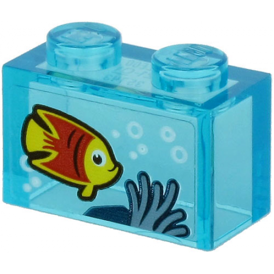 Brick 1 x 2 without Bottom Tube with Yellow and Red Fish and Sand Blue Seagrass on Transparent Background Pattern (Sticker) - Set 60266