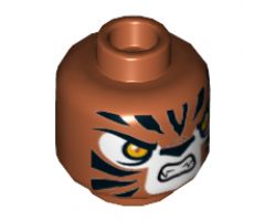 Minifigure, Head Alien Chima Tiger with Orange Eyes, White Face, Fangs and Black Stripes Pattern (Trakkar) - Hollow Stud