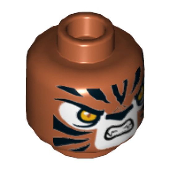 Minifigure, Head Alien Chima Tiger with Orange Eyes, White Face, Fangs and Black Stripes Pattern (Trakkar) - Hollow Stud