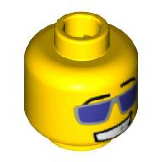 Minifigure, Head Glasses with Purple Sunglasses with Silver Frames, Grin Pattern - Blocked Open Stud