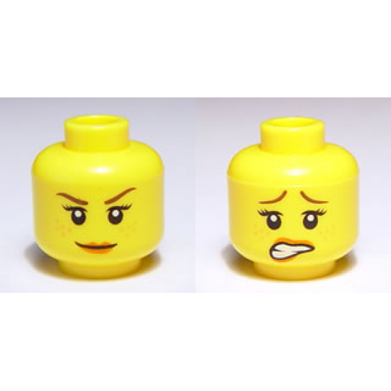 Minifigure, Head Dual Sided Female Brown Eyebrows, Freckles, Scared / Smile Pattern - Blocked Open Stud