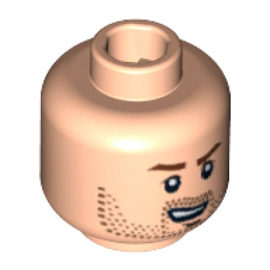 Minifigure, Head Male Brown Stubble, Brown Eyebrows and Open Grin Pattern - Blocked Open Stud