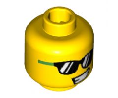 Minifigure, Head Bright Green and Black Sunglasses, Lopsided Open Smile Pattern - Hollow Stud