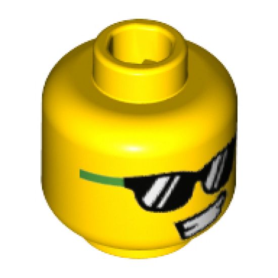 Minifigure, Head Bright Green and Black Sunglasses, Lopsided Open Smile Pattern - Hollow Stud