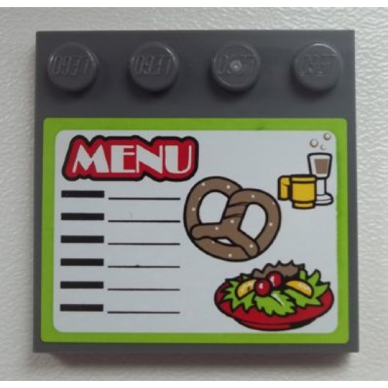 Tile, Modified 4 x 4 with Studs on Edge with 'MENU' and Cups, Pretzel and Salad Pattern (Sticker) - Set 60026