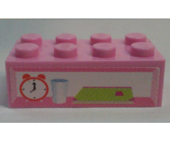 Brick 2 x 4 with Alarm Clock, Glass and Book Pattern (Sticker) - Set 7586