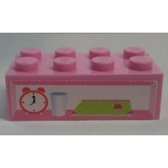 Brick 2 x 4 with Alarm Clock, Glass and Book Pattern (Sticker) - Set 7586
