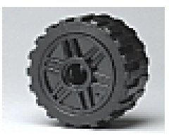 Wheel & Tire Assembly 18mm D. x 14mm with Pin Hole, Fake Bolts and Shallow Spokes with Black Tire 24 x 14 Shallow Tread (55981 / 30648)