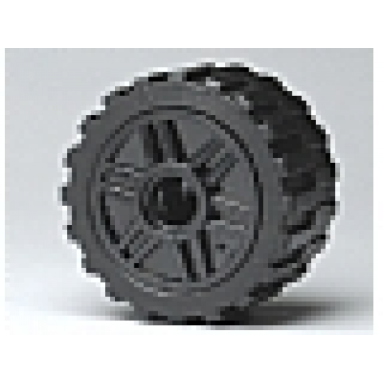 Wheel & Tire Assembly 18mm D. x 14mm with Pin Hole, Fake Bolts and Shallow Spokes with Black Tire 24 x 14 Shallow Tread (55981 / 30648)