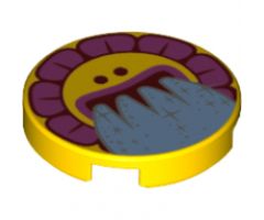 Tile, Round 2 x 2 with Bottom Stud Holder with Sunflower Face, Dark Pink Flakes and Water Pouring from Mouth Pattern