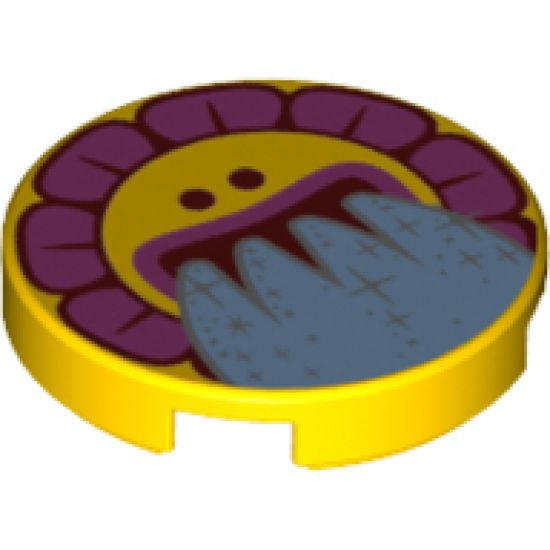 Tile, Round 2 x 2 with Bottom Stud Holder with Sunflower Face, Dark Pink Flakes and Water Pouring from Mouth Pattern