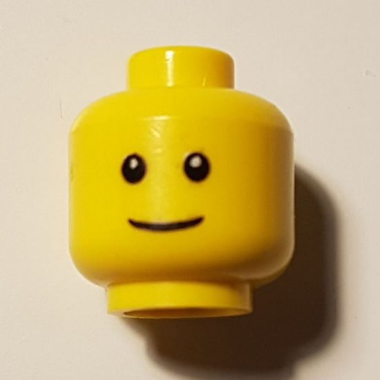 Minifigure, Head Male Thin Grin, Black Eyes with White Pupils, No Eyebrows Pattern - Blocked Open Stud