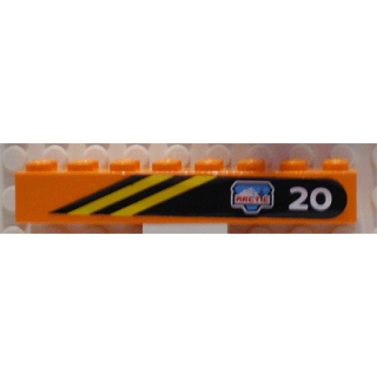 Brick 2 x 8 with Diagonal Yellow Stripes, White '20' and Arctic Logo on Black Background Pattern, Model Left (Sticker) - Set 6520