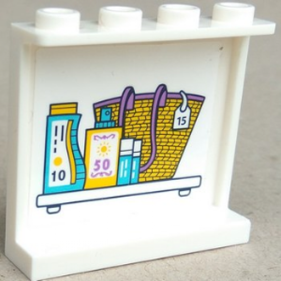 Panel 1 x 4 x 3 with Side Supports - Hollow Studs with Basket and Supplies on Shelf Pattern on Inside (Sticker) - Set 41315