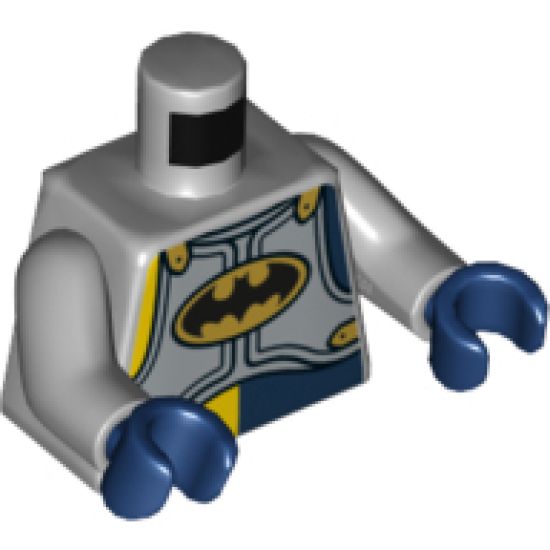 Torso Silver Armor Plates with Black Batman Logo in Gold Oval Pattern / Light Bluish Gray Arms / Dark Blue Hands