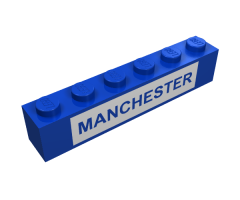 Brick 1 x 6 with Blue in White 'MANCHESTER' Pattern