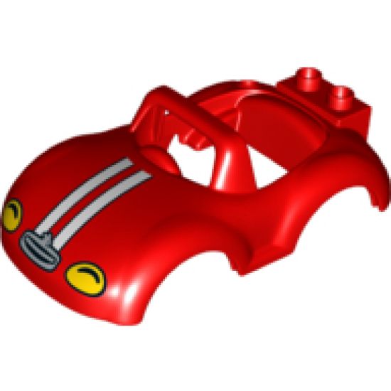 Duplo, Vehicle Car Body with Windscreen Frame with Yellow Headlights and White Racing Stripes Pattern