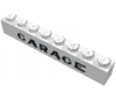Brick 1 x 8 without Bottom Tubes with Cross Side Supports with Black 'GARAGE' Sans-Serif Medium Pattern