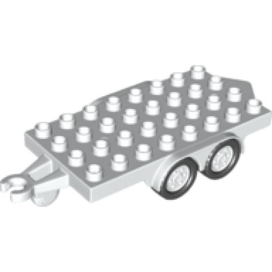 Duplo, Vehicle Trailer Flatbed 4 x 8 Studs with Hitch Ends, Four Black Wheels and White Hubs