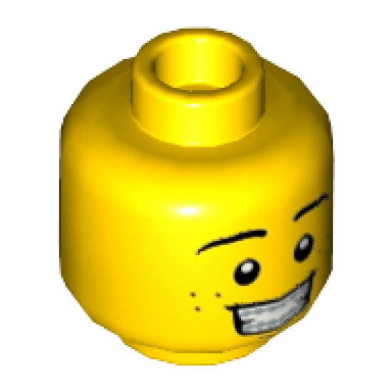 Minifigure, Head Dual Sided Black Eyebrows, White Pupils, Freckles, Smile with Teeth / Scared Open Mouth Pattern - Hollow Stud