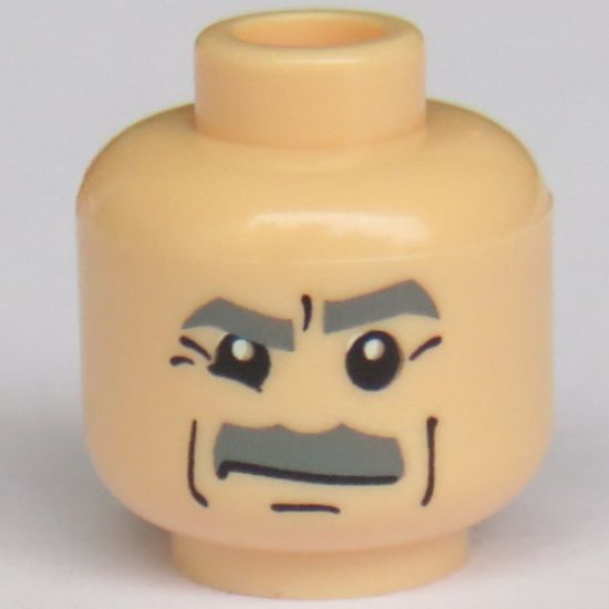 Minifigure, Head Moustache Dark Bluish Gray Bushy, Dark Bluish Gray Eyebrows, White Pupils Pattern - Blocked Open Stud