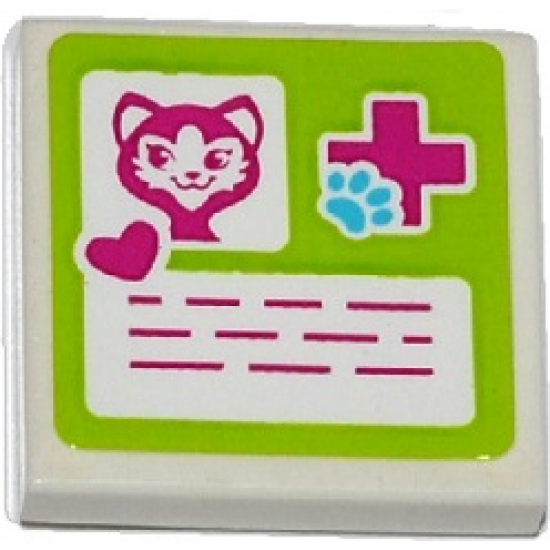 Tile 2 x 2 with Cat Head, Heart, Magenta Cross and Animal Paw Pattern (Sticker) - Set 41085