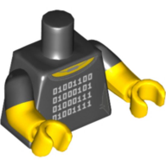 Torso Female Yellow Neck, Silver Necklace and 4 Rows of White Binary Code Logogram (LEGO) Pattern / Yellow Arms with Black Short Sleeves Pattern / Yellow Hands
