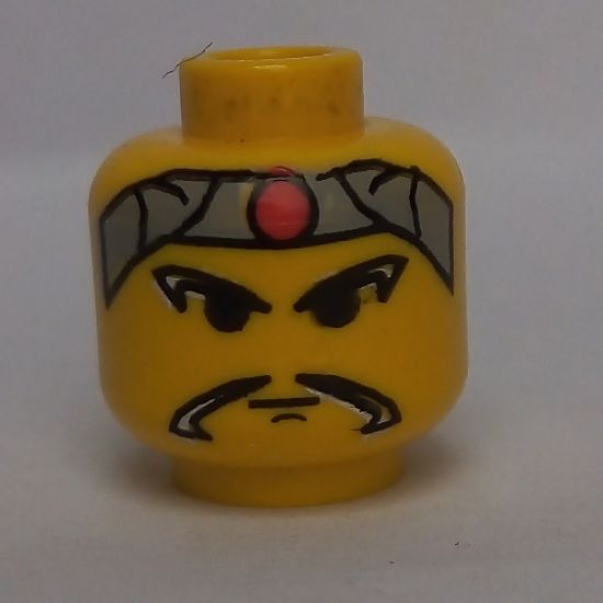 Minifigure, Head Moustache Long, Gray Headband with Red Dot Pattern - Blocked Open Stud