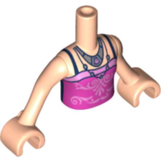 Mini Doll, Torso Friends Girl Dark Pink Top with Bright Pink Filigree, Dark Blue Straps, 2 Silver Necklaces Pattern, Light Nougat Arms with Hands