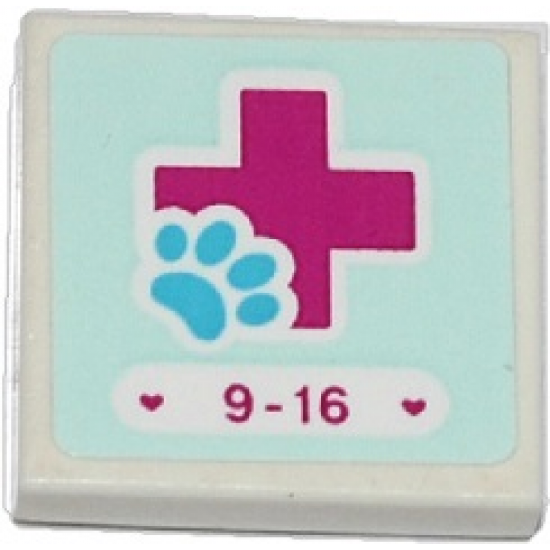 Tile 2 x 2 with Hearts, '9-16', Magenta Cross and Animal Paw Pattern (Sticker) - Set 41085